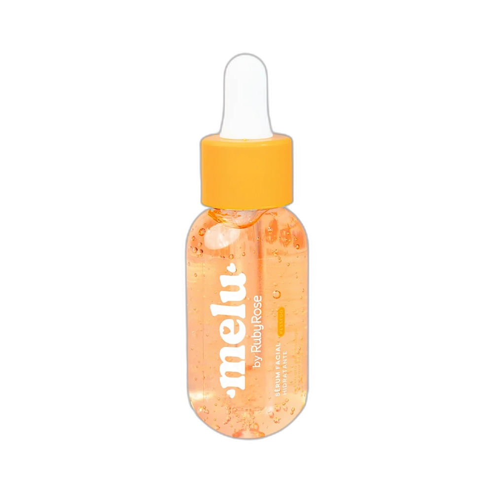 Frasco do Sérum Facial Melu Hidratante Pêssego 30ml em fundo branco, evidenciando a cor do produto.